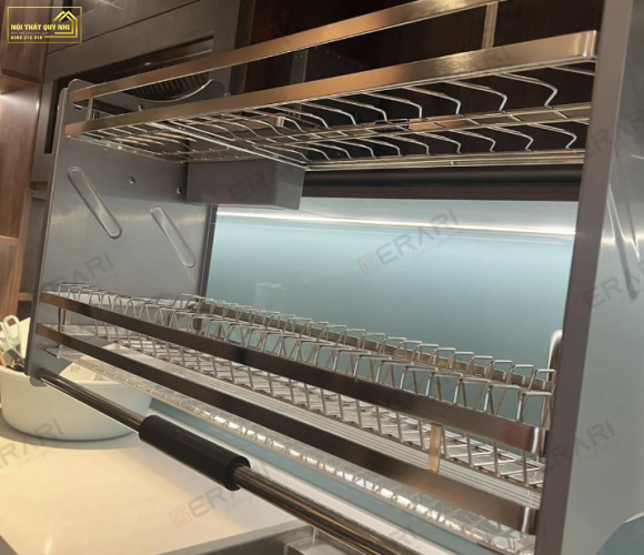Giá bát đĩa di động nâng hạ, chất liệu Inox 304 bóng mờ cao cấp