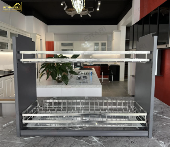 Kệ bát đĩa nâng hạ điện, 2 trục nâng. Inox 304 cao cấp
